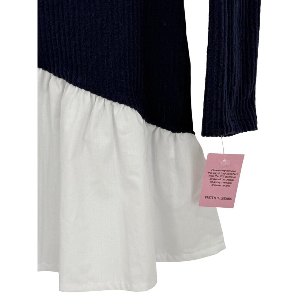 NWT PrettyLittleThing Navy Brushed Rib Asymmetric Ruffle Mini Dress Skater Style - Picture 13 of 16